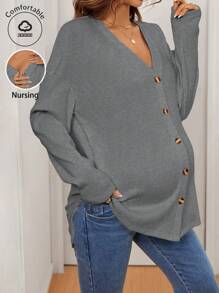 SHEIN 孕妇纯色落肩长袖单排扣休闲 T 恤，秋季 - 灰色 - 查看 1