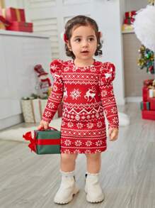 SHEIN Đầm cổ tròn tay dài họa tiết tuần lộc cho bé gái và mẹ, thích hợp cho tiệc Giáng sinh - Đỏ - Xem 9