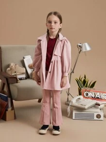 PrepCrw 年轻女孩学院风宽松单排扣连帽风衣，粉色，秋冬