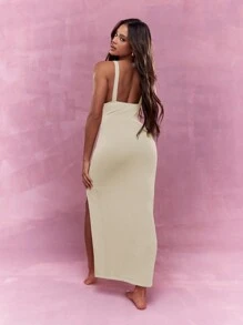 MISSGUIDED Vestido largo con escote pronunciado y abertura lateral - Albaricoque - Ver 2