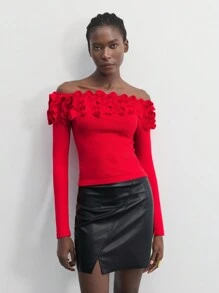 Maija 1 Stück Damen roter einfarbiger Applikations-Off-Shoulder eleganter Strickpullover, gemütlich und romantisch, geeignet für Weihnachten, langärmelige warme Oberseite