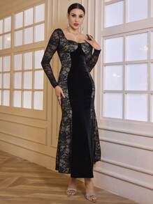 SHEIN Belle Vestido largo de encaje vintage ajustado a la cintura, elegante y delgado, adecuado para otoño e invierno, vestido formal de noche de manga larga en color negro para evento de graduación, cena o como invitada de boda