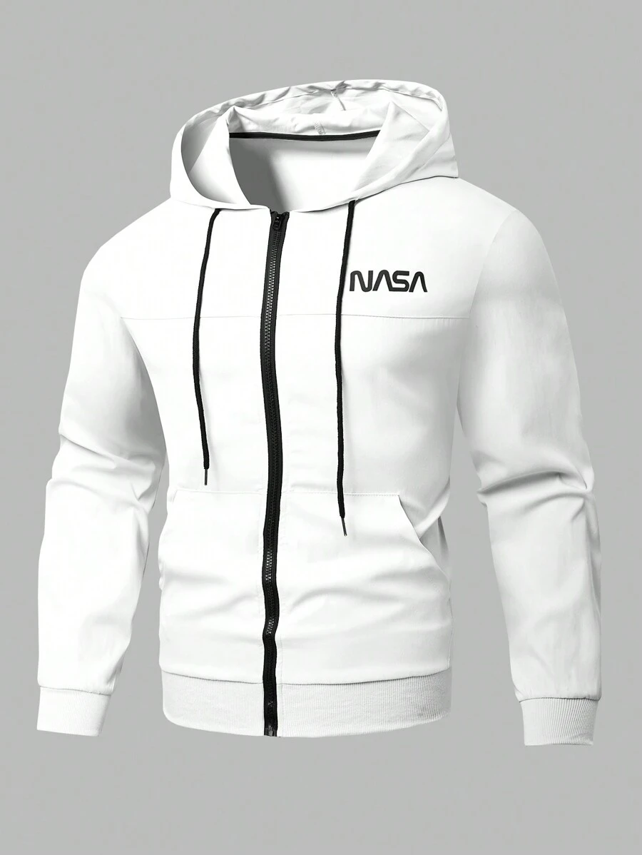 Manfinity Homme Men's Front Zipper Long Sleeve Letter Print Minimalist Hoodie Spring And Autumn Jacket, Men Zip Up Hoodie, Hoodie, Men Graphic Hoodie - White - View 1