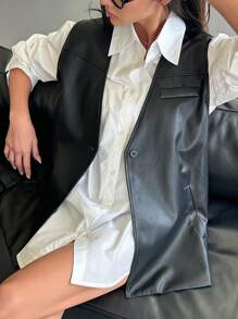 DAZY Women Solid Color Button Front PU Leather Casual Sleeveless Vest Women Jacket,Fall Women Clothes - Black - View 7