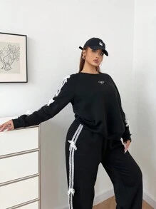 Calvaya 2 件大码女式蕾丝边蝴蝶结拼布运动衫套装，保暖内衬，适合秋冬季 - 黑色 - 查看 6