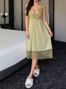 DAZY Romantic Mesh & Lace Patchwork Ruffle Trim Backless Camisole Nightgown Pajama - Green - View 5