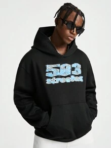 Manfinity VCAY 男士宽松英文文字印花圆领长袖针织套头衫，外出复古黑色字母饶舌歌手连帽衫，适合朋友、丈夫、男朋友的礼物，适合秋冬 - 黑色 - 查看 1