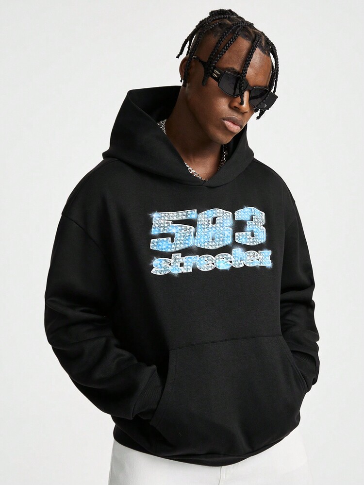 Manfinity VCAY Áo nỉ dệt kim cổ tròn tay dài in chữ tiếng Anh dáng rộng cho nam, áo hoodie họa tiết chữ Rapper màu đen cổ điển, quà tặng cho bạn bè, chồng, bạn trai, cho mùa thu đông - màu đen - Xem 1