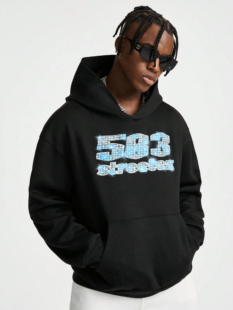 Manfinity VCAY 男士宽松英文文字印花圆领长袖针织套头衫，外出复古黑色字母饶舌歌手连帽衫，适合朋友、丈夫、男朋友的礼物，适合秋冬 - 黑色 - 查看 1