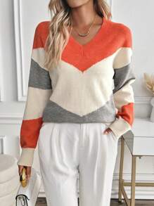 SHEIN LUNE Women's Color Block V-Neck Casual Pullover Sweater