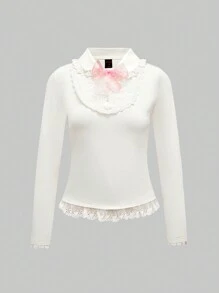 ROMWE Kawaii Áo thun ren chắp vá cổ Peter Pan dễ thương cho nữ - Màu be - Xem 1