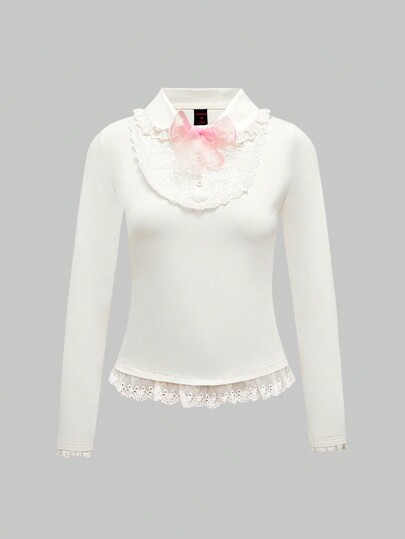 Kawaii Camiseta linda con cuello Peter Pan y parches de encaje para mujeres