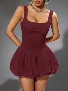 SHEIN ICON Women's Summer Solid Color Cinched Waist Lantern Hem Camisole Dress - Burgundy - View 3