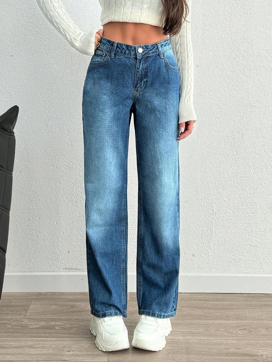 SHEIN Cottnline 女士直筒低腰牛仔裤 - 中等水洗藍 - 查看 1