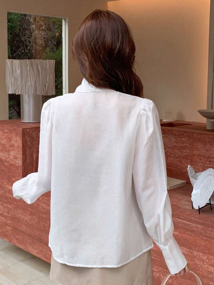 1pc Women Elegant Solid Color Knot Collar Puff Sleeve Blouse, Spring/Summer,Fall Women Clothes Long Sleeve Top