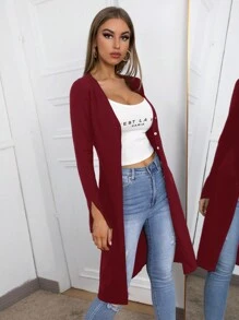 SHEIN Essnce 纯色前扣休闲针织长袖开衫 - 酒紅色 - 查看 4
