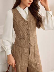 Vintamour 2 件复古优雅女士羊毛混纺千鸟格 V 领无袖背心和高腰阔腿裤带口袋休闲办公室套装感恩节女装秋季服装上衣两件套秋季服装感恩节服装感恩节衬衫女式西装套装两件套秋季套装圣诞女装演唱会女装纽扣女式衬衫冬季女式套装休闲两件套服装套装女式服装套装棕色套装 - 棕色 - 查看 2