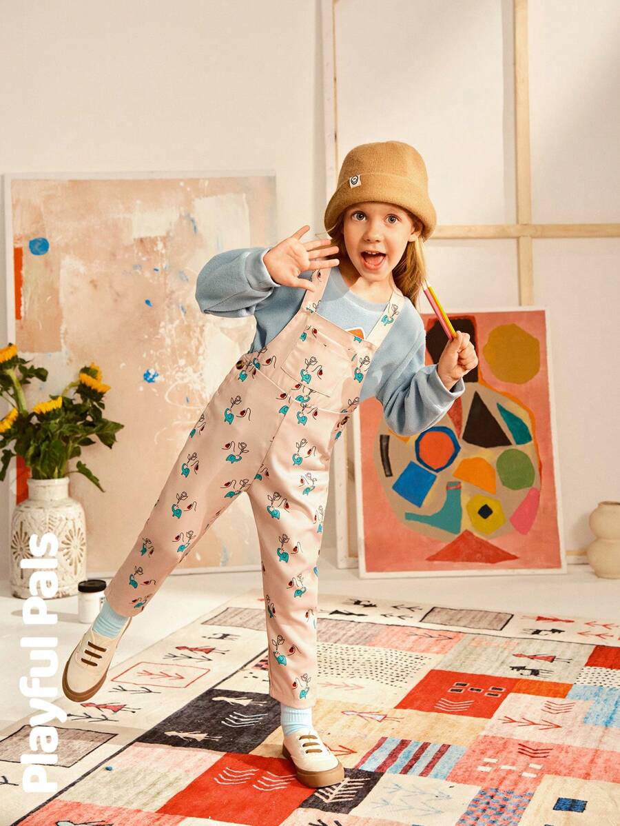 SHEIN 1 bộ quần yếm in họa tiết hoạt hình dễ thương/cổ điển/thường ngày/trở lại trường dành cho cả nam và nữ, phù hợp cho bé trai và bé gái, phù hợp cho đi học và chơi ngoài trời, mùa xuân/thu/đông - Nhiều màu - Xem 1