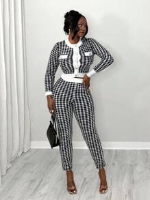 BamGleam Nuevo conjunto de 2 piezas de suéter de punto de pata de gallo negro y blanco para mujer, con botones metálicos, bolsillos falsos, escote redondo, manga larga, ajuste sexy, elegante y lujoso para otoño/invierno