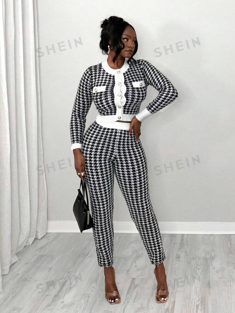 BamGleam Nuevo conjunto de 2 piezas de suéter de punto de pata de gallo negro y blanco para mujer, con botones metálicos, bolsillos falsos, escote redondo, manga larga, ajuste sexy, elegante y lujoso para otoño/invierno