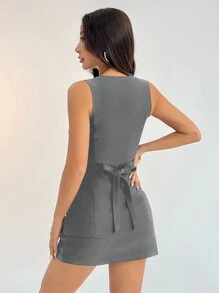 SHEIN PETITE Solid Button Front Vest Blazer & Skirt Suit Set For Summer Business Women Clothes Sexy Office Siren Women Two Pieces Sets Old Money Style Teacher Outfits - Dark Grey - View 2