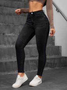 SHEIN Essnce 女式前扣口袋简约休闲牛仔裤，适合日常穿着 - 黑色 - 查看 3