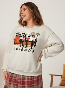 FRIENDS X SHEIN Plus Size Thickened Knitted Friends Character Print Sweatshirt In Cream White, For Winter - Beige - View 7