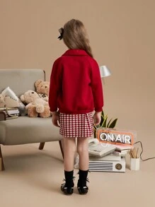 PrepCrw 年轻女孩学院风红色圣诞字母刺绣宽松单排扣棒球夹克，秋冬 - 紅色 - 查看 2