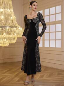 SHEIN Belle Vestido largo de encaje vintage ajustado a la cintura, elegante y delgado, adecuado para otoño e invierno, vestido formal de noche de manga larga en color negro para evento de graduación, cena o como invitada de boda