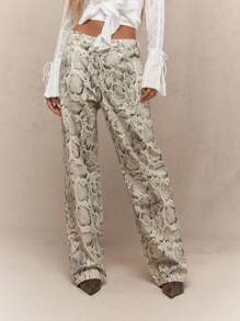 MISSGUIDED Schlangenmuster Weite Bein Jeans mit langem ausgestelltem Saum, Modische Hose im Western Stil für Winter, Statement Piece für Party, Club und Festival