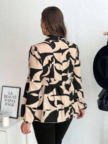 SHEIN Frenchy Plus Size Women Geometric Print Keyhole Neck Lantern Sleeve Casual Shirt, Autumn - Multicolor - View 6