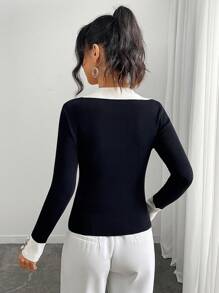 Chiquease Women's Plain Color Splice Front Button Long Sleeve Minimalist Casual Pullover Sweater Knit Pullover Fall Winter Outfit