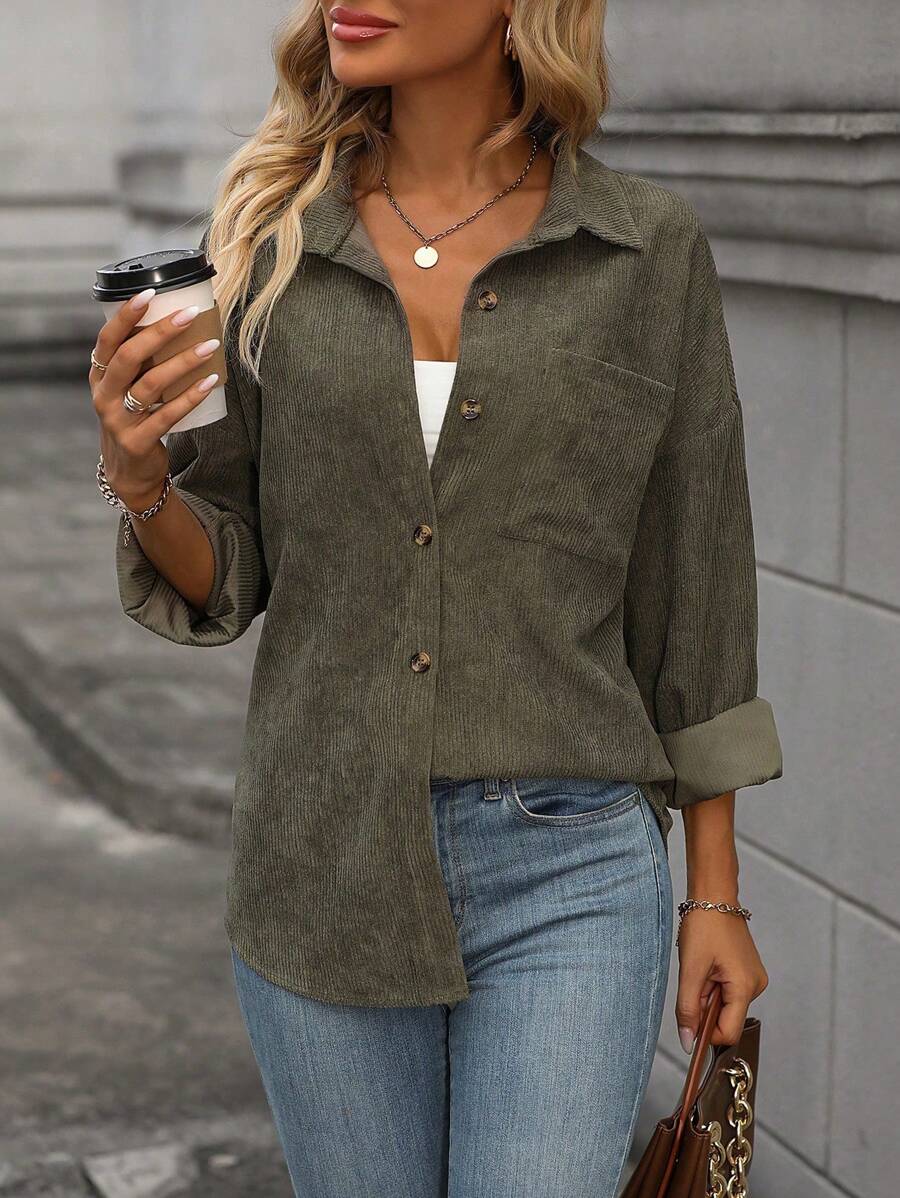 SHEIN LUNE Solid Button Front Pocket Patched Shirt,Long Sleeve Tops - Army Green - View 1