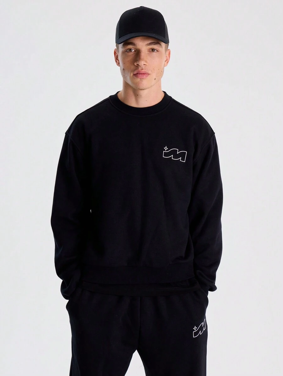 Musero Men "M" Chest Patch Oversized Long Sleeve Crewneck Sweatshirt SPRING SUMMER - Black - View 1