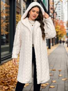 SHEIN Privé Áo khoác lót nhiệt dày có mũ dài cỡ lớn cho nữ, màu mơ, Bộ sưu tập mùa đông mới - Màu be - Xem 1