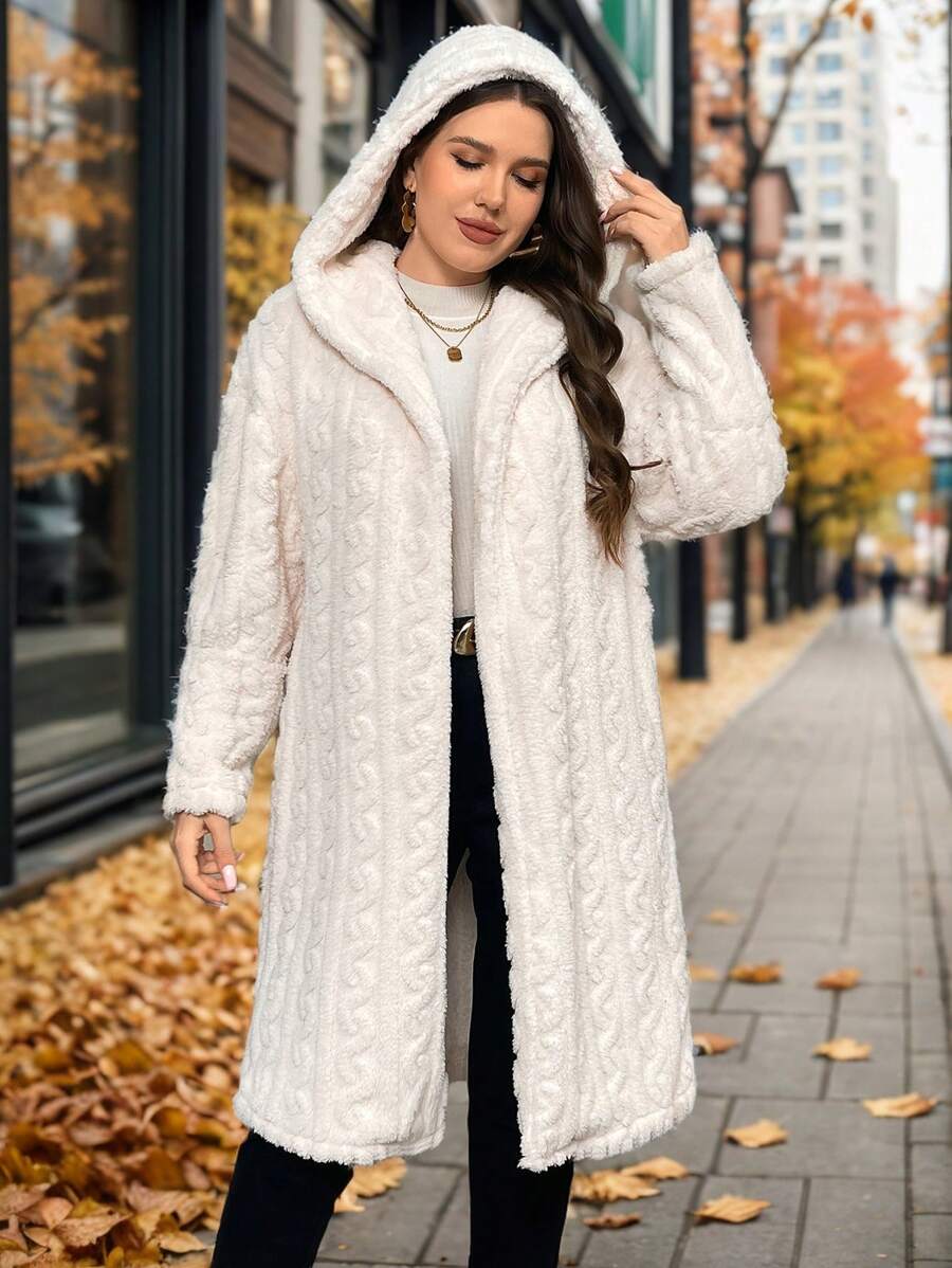 SHEIN Privé Áo khoác lót nhiệt dày có mũ dài cỡ lớn cho nữ, màu mơ, Bộ sưu tập mùa đông mới - Màu be - Xem 1