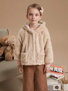 PrepCrw 年轻女孩卡其色蓬松衬里宽松单排扣连帽夹克，适合秋冬季学院风格 - 白色 - 查看 5