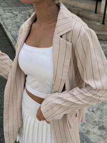 Chiquease Women's Fashion Striped Print Lapel Collar Flap Detail Blazer Fall Cloth For Women - Khaki - View 7