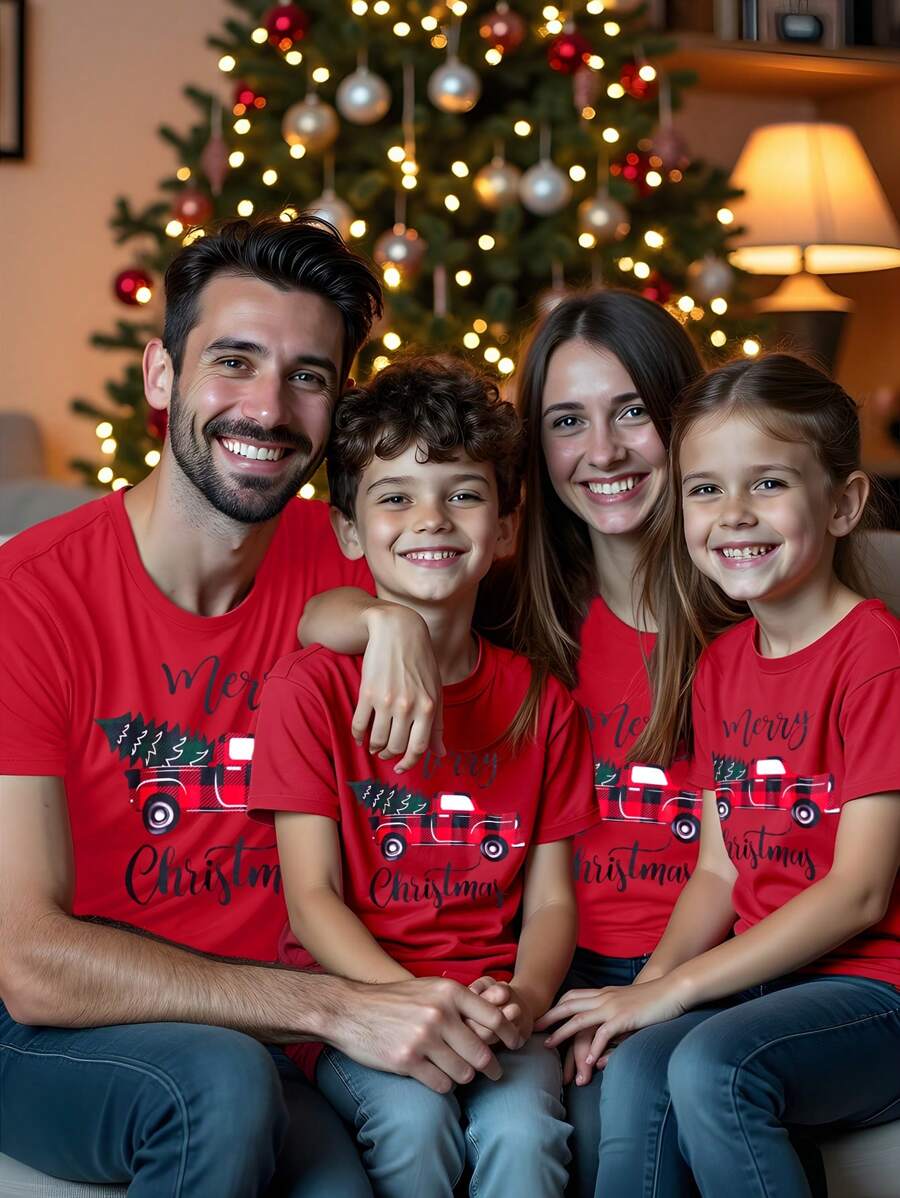 Roupas Combinadas de Família para o Natal Camiseta Gola Redonda Oversized Feminina, Confortável e Solta em Cor Vermelha na Moda, Estampa Temática Natalina com Papai Noel, Carro, Árvore de Natal, Feliz Natal, Conjunto Familiar Quente para Roupas de Ano Novo, Camisetas Gráficas Femininas - Vermelho - Visão 1