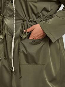 SHEIN Clasi 大码冬季前拉链长袖口袋优雅外套，日常穿着 - 軍綠色 - 查看 5