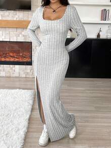 SHEIN EZwear 女式新款方领长袖高开叉蓬松罗纹连衣裙