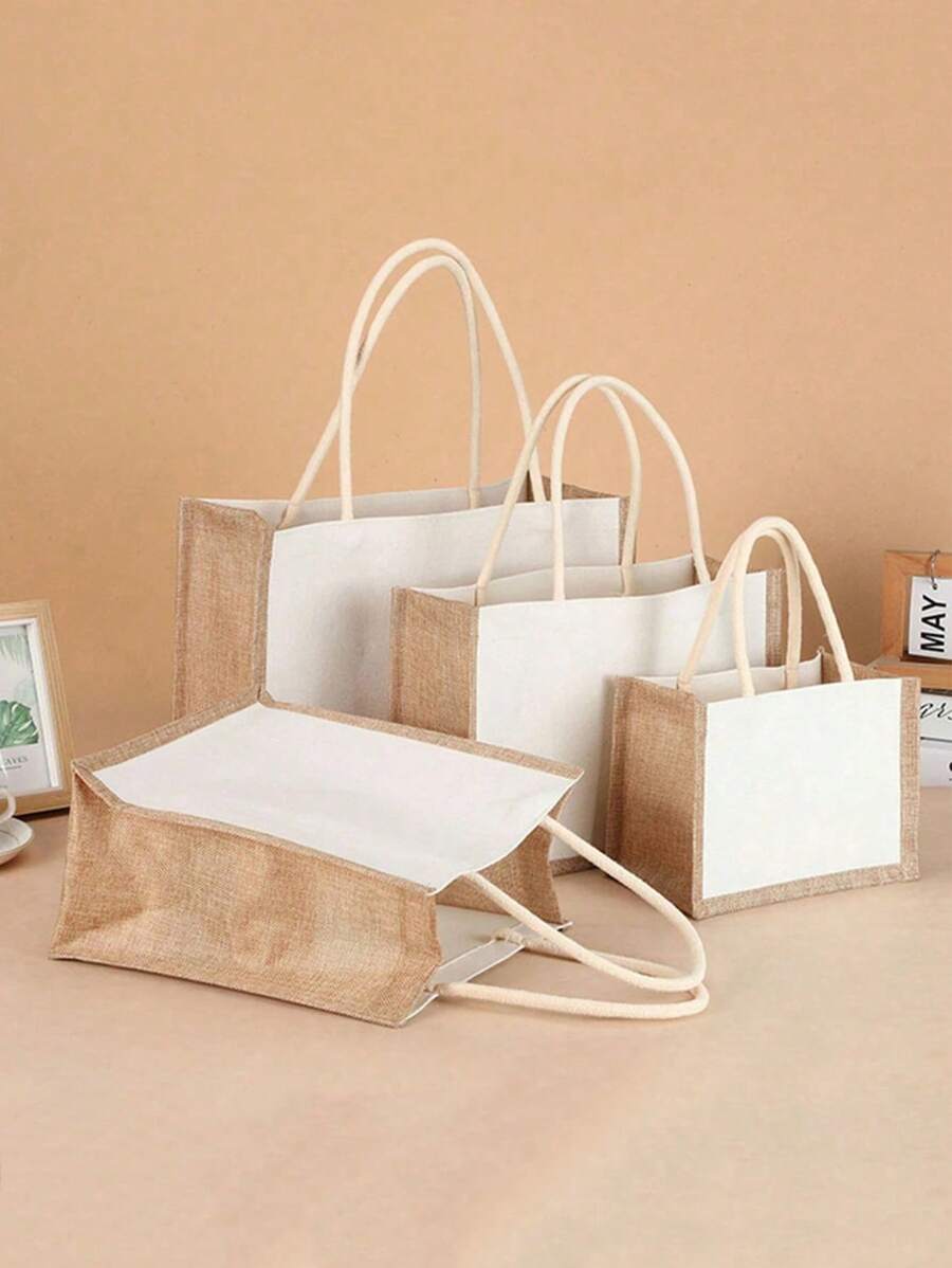 SHEIN 1 Pieza Bolsa de regalo de lona de yute, bolsa de tela de saco reutilizable para viajes diarios, organizador de almacenamiento, bolsa de compras. Bolsa de regalo DIY para bodas, Halloween, fiestas, festivales y pintura para regalos de días festivos, regreso a la escuela, Día de San Valentín - Blanco - Ver 1