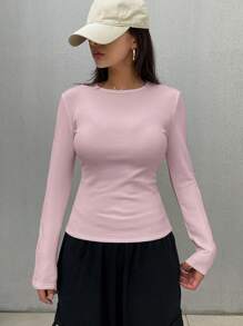 DAZY Women Solid Color Round Neck Long Sleeve Casual T-Shirt,Fall Clothes,Fleece Lined