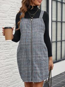 SHEIN Pregnant Women Front Zipper Wide Strap Simple Plaid Casual Dress, For Maternity - Multicolor - View 1