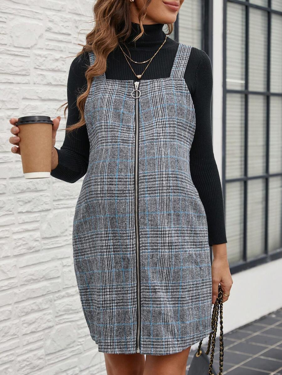 SHEIN Pregnant Women Front Zipper Wide Strap Simple Plaid Casual Dress, For Maternity - Multicolor - View 1