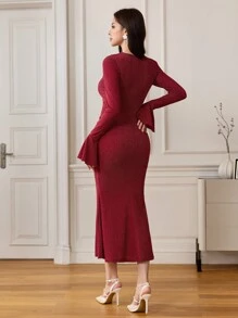 Modelyn Damen Langarm Rüschen 3D Blumen Raffung Kleid