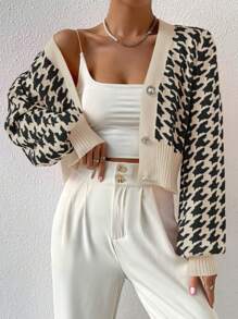 SHEIN Unity Autumn & Winter Casual Houndstooth Pattern Lantern Sleeve Cropped Cardigan - Apricot - View 5