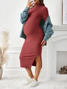 SHEIN 孕妇针织中长袖连衣裙，秋冬季 - 酒紅色 - 查看 4