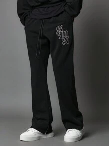 SUMWON Conjunto de 2 piezas con sudadera con capucha ajustada ceñida a la cintura y pantalón de chándal acampanado con insignia aplicada