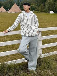 DAZY 男士条纹丝绒连帽卫衣，休闲日常穿着，秋季七分拉链款 - 彩色 - 查看 7